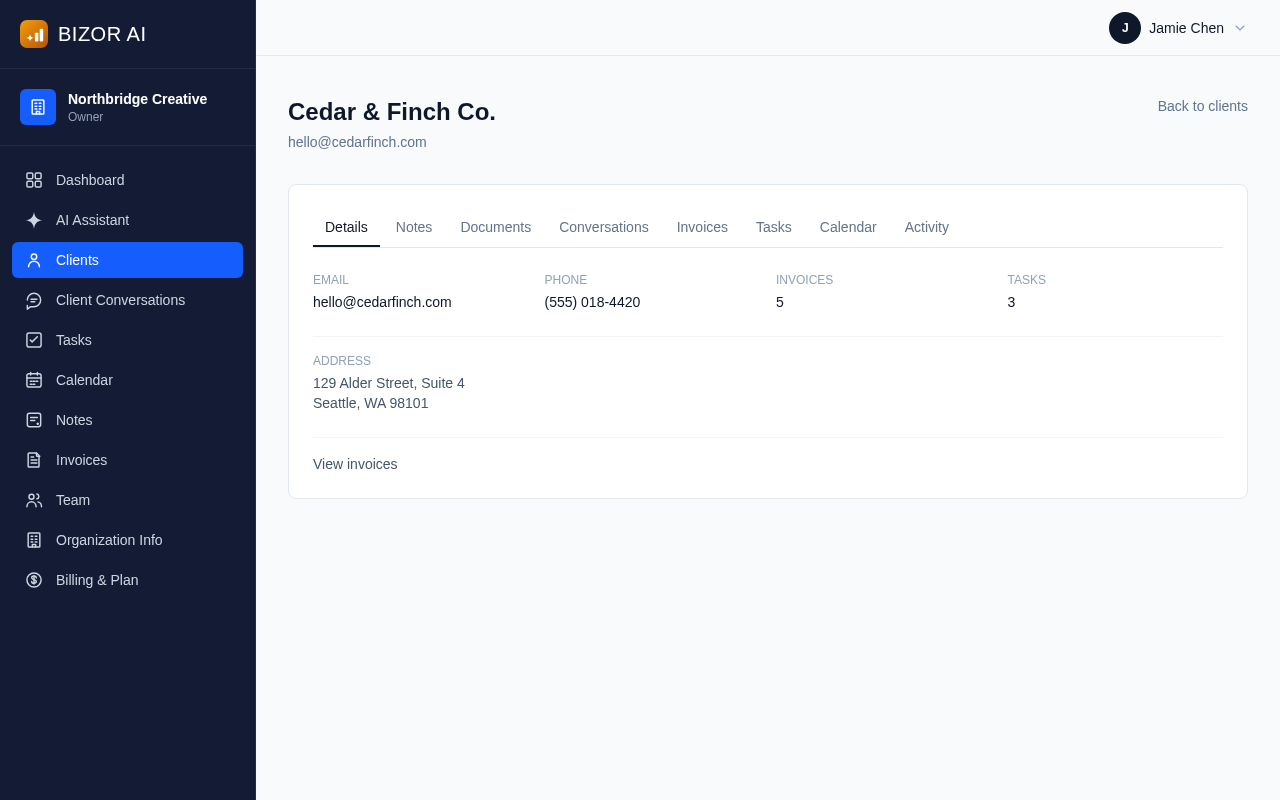 Bizor AI unified client view combining invoices, tasks, and notes for one client