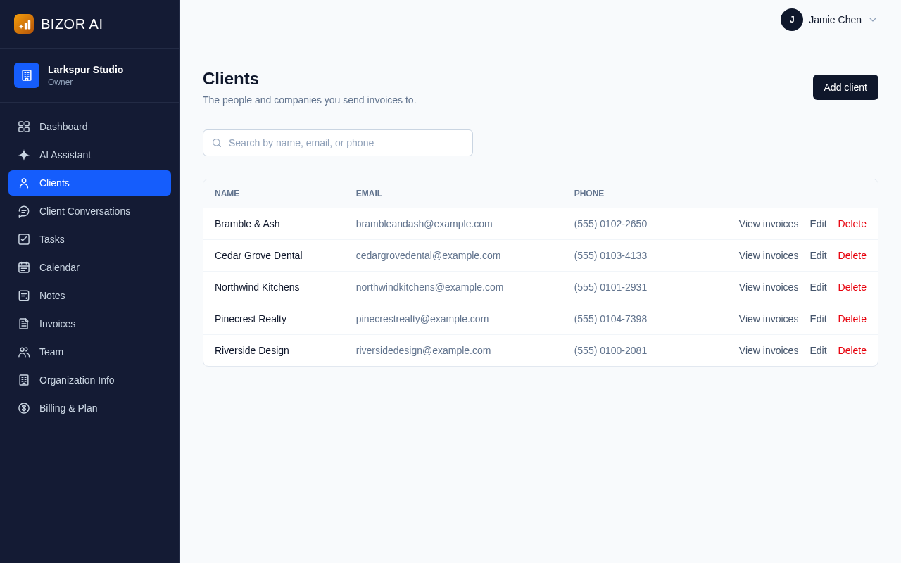 Bizor AI client list with contact details and activity at a glance