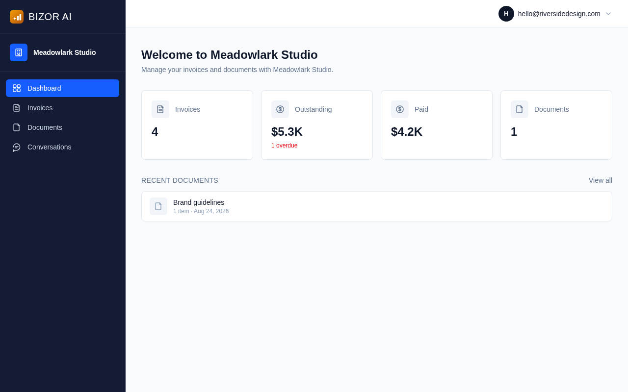 Bizor AI client portal where customers view their own invoices and quotes